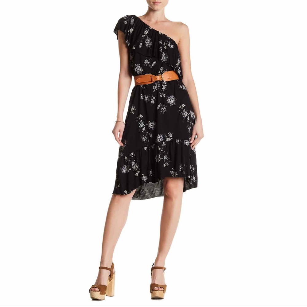 Lucky Brand One Shoulder Floral LBD Ruffle Dress NWT